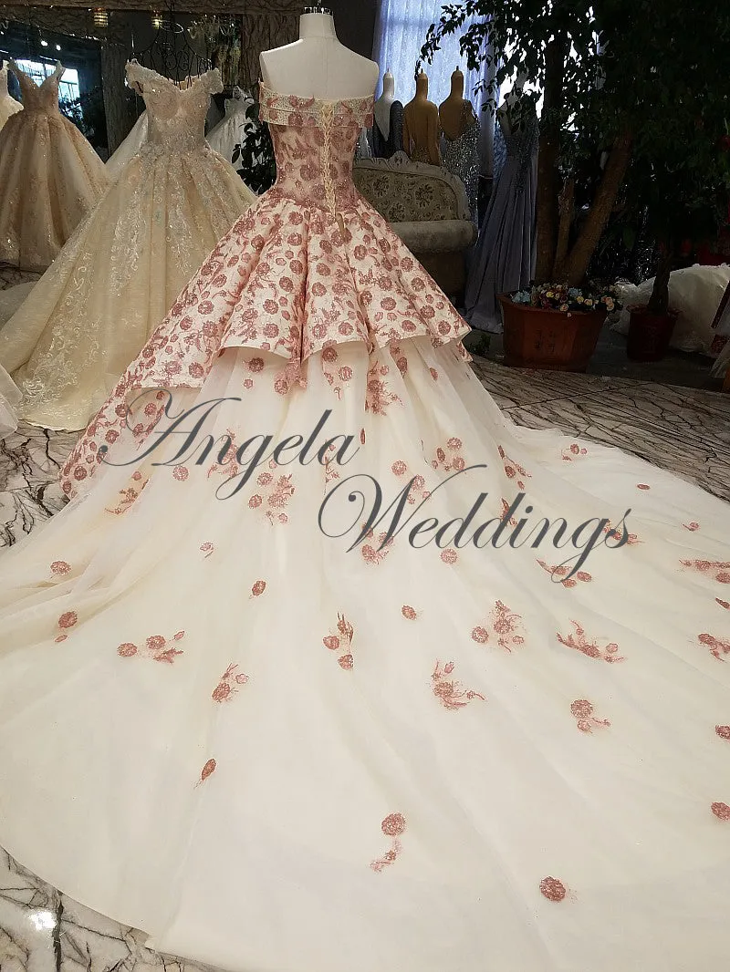 2018 Blush Pink Strapless Ball Gown Evening Dresses with Appliques
