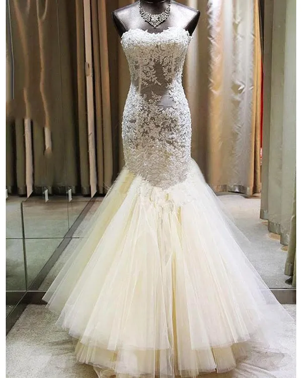 2018 Sexy Beige Lace Mermaid Wedding Dresses Beaded Tulle Ruffles Bridal Gowns Real