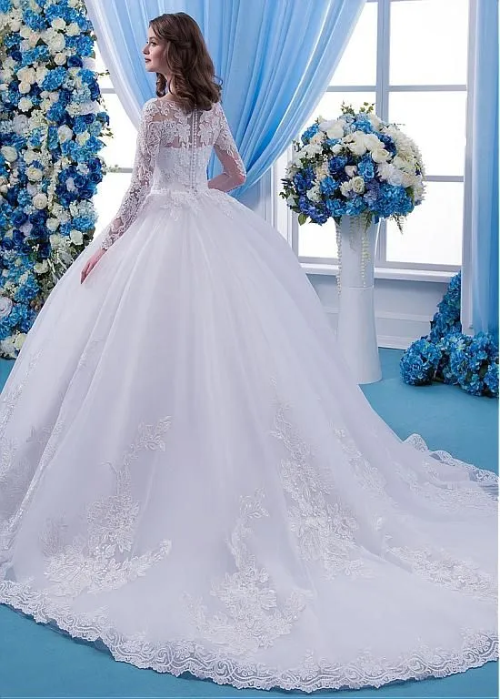 2019 Elegant Lace Wedding Dresses Full Sleeve Lace Tulle Bridal Gown Ball Gowns