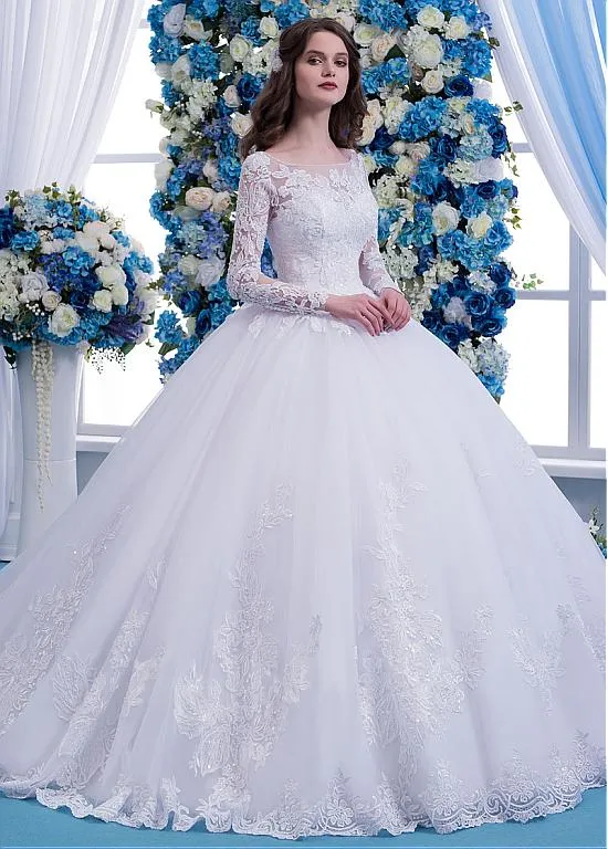2019 Elegant Lace Wedding Dresses Full Sleeve Lace Tulle Bridal Gown Ball Gowns