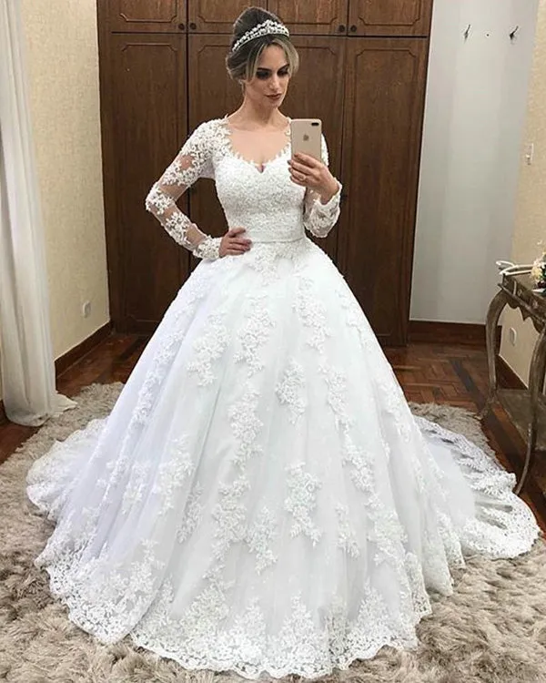 2019 Full Sleeve Lace Wedding Dress Appliques V-Neck Tulle Bridal Ball Gown with Beaded Belt