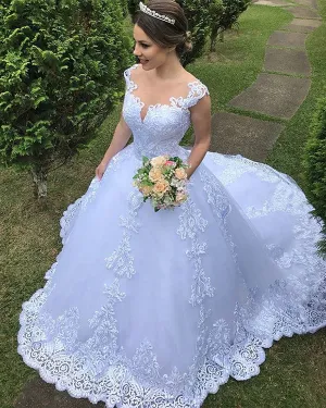 2019 Sexy Lace Wedding Dress Ball Gown Appliques See Through Tulle Scoop Bridal Gowns