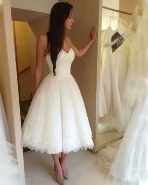 2019 Short Lace Wedding Dresses For Brides Sweetheart A-line Bridal Gowns Tea Length