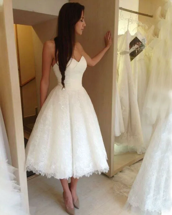 2019 Short Lace Wedding Dresses For Brides Sweetheart A-line Bridal Gowns Tea Length