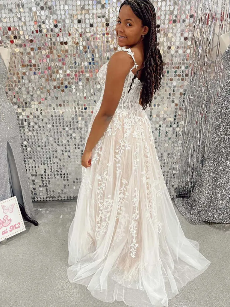 2024 Champagne Prom Dresses Long Lace Formal Evening Dresses A Line
