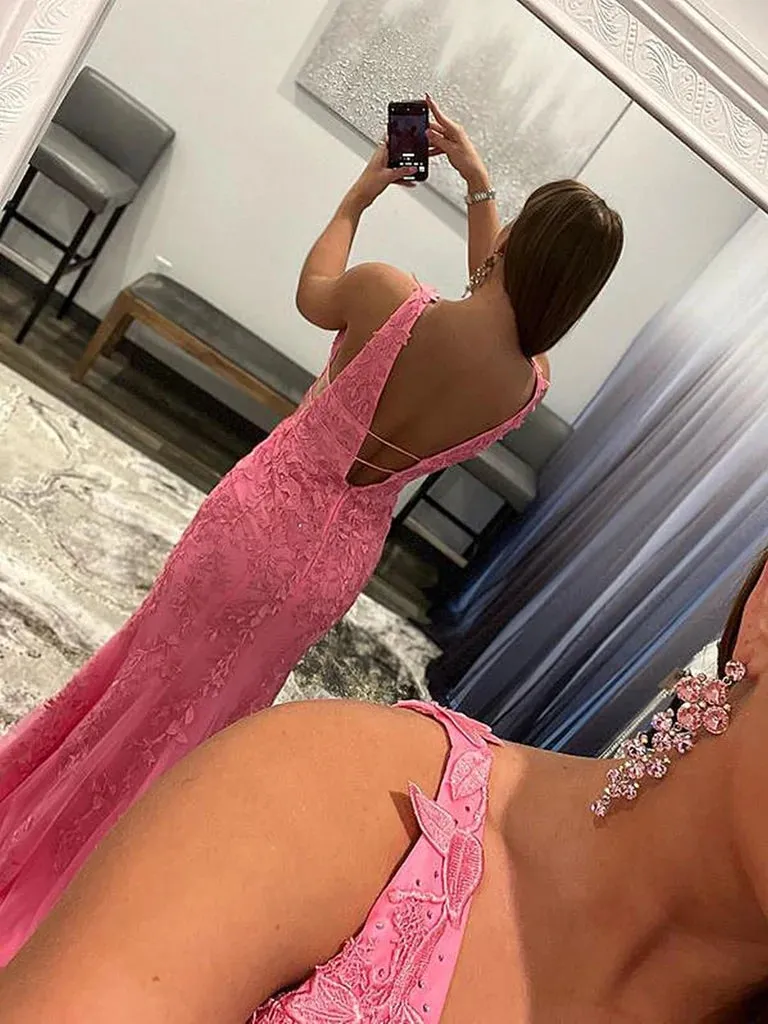 2025 Pink Lace Prom Dresses Mermaid Long Formal  Dresses V Neck