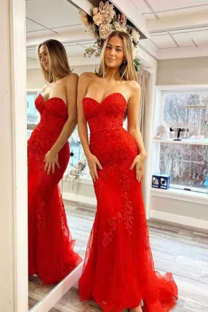 2025 Strapless Long Lace Prom Dresses Red UK Mermaid Appliques
