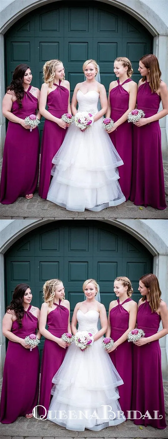 A-Line Cross Neck Long Cheap Fuchsia Chiffon Bridesmaid Dresses, QB0709