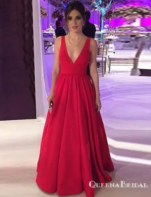 A-Line Deep V-Neck Long Backless Red Satin Prom Dresses with Bow, QB0574