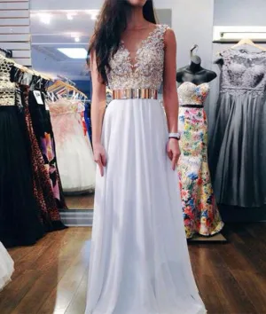 A Line Gold Belt White Lace Prom Dresses, White Formal Dresses With Gold Belt