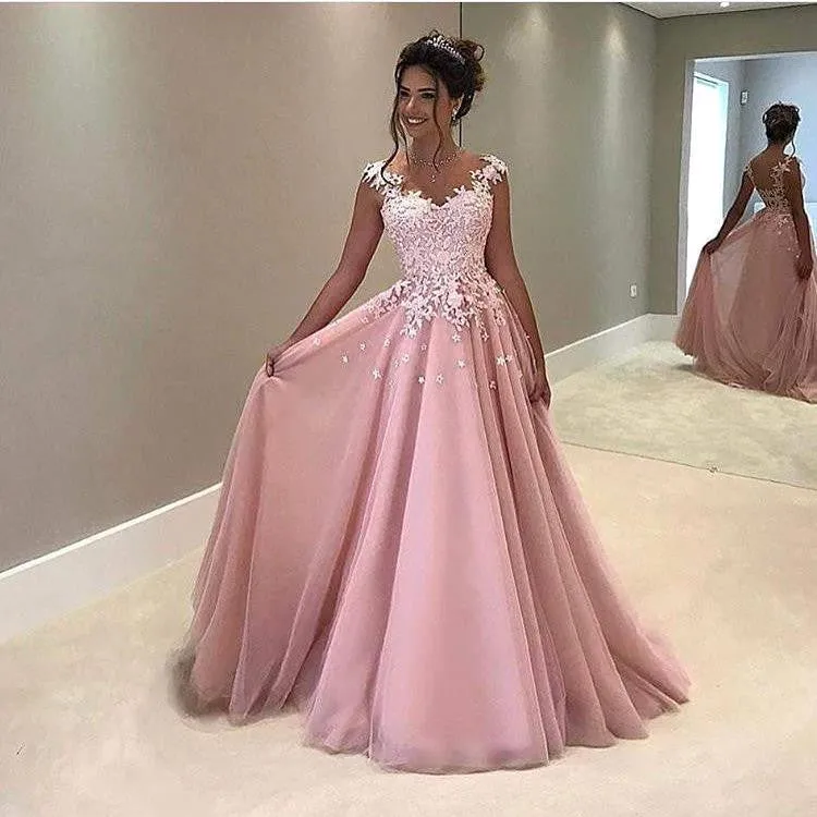 A-Line Lace Pink Prom Dresses V-Neck Cap-Sleeves Dresses