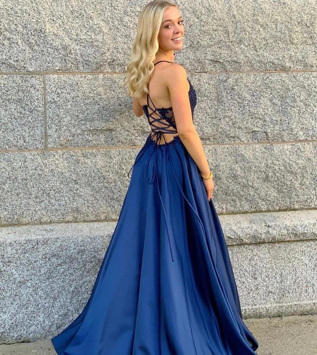 A Line Lace Satin Royal Blue Prom Dresses V Neck Spaghetti Straps