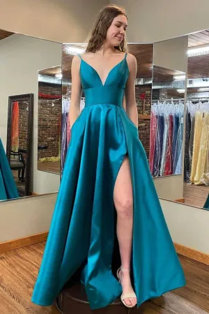 A-Line Long Prom Dress Satin Side Slit Teal Green Formal Dress with Pockets