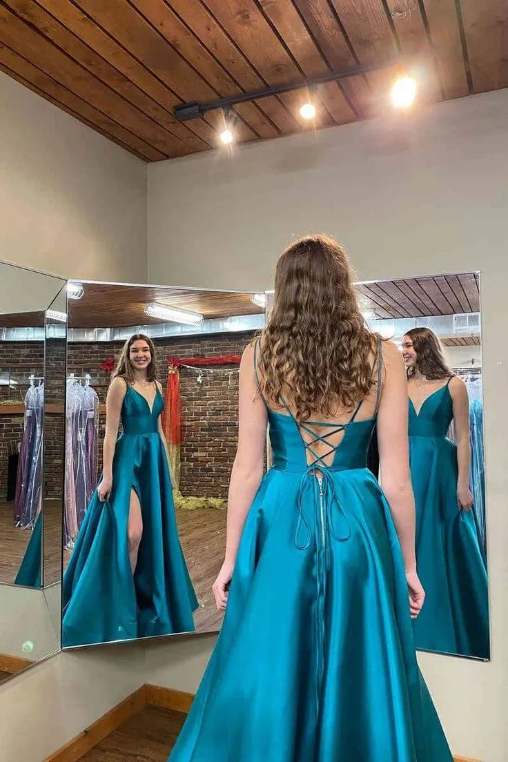 A-Line Long Prom Dress Satin Side Slit Teal Green Formal Dress with Pockets