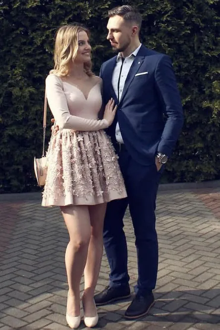 A-line Nude Color Pleated Long Sleeve Short Party Dress with Handmade Flowers OHM202