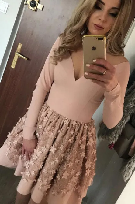A-line Nude Color Pleated Long Sleeve Short Party Dress with Handmade Flowers OHM202