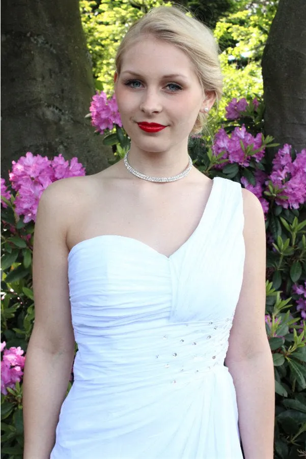 A-line One-shoulder Floor Length Chiffon Front Slit Rhinestone Prom Dress