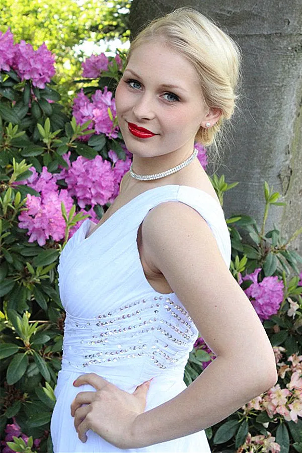 A-line One-shoulder Floor Length Chiffon Front Slit Rhinestone Prom Dress