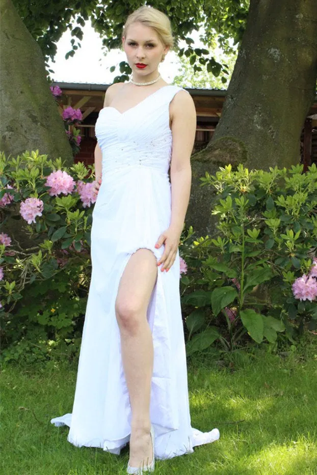 A-line One-shoulder Floor Length Chiffon Front Slit Rhinestone Prom Dress