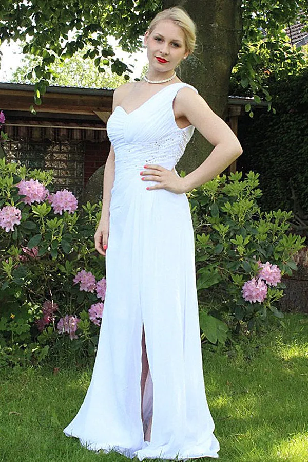 A-line One-shoulder Floor Length Chiffon Front Slit Rhinestone Prom Dress