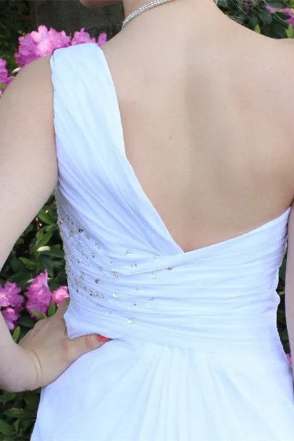 A-line One-shoulder Floor Length Chiffon Front Slit Rhinestone Prom Dress