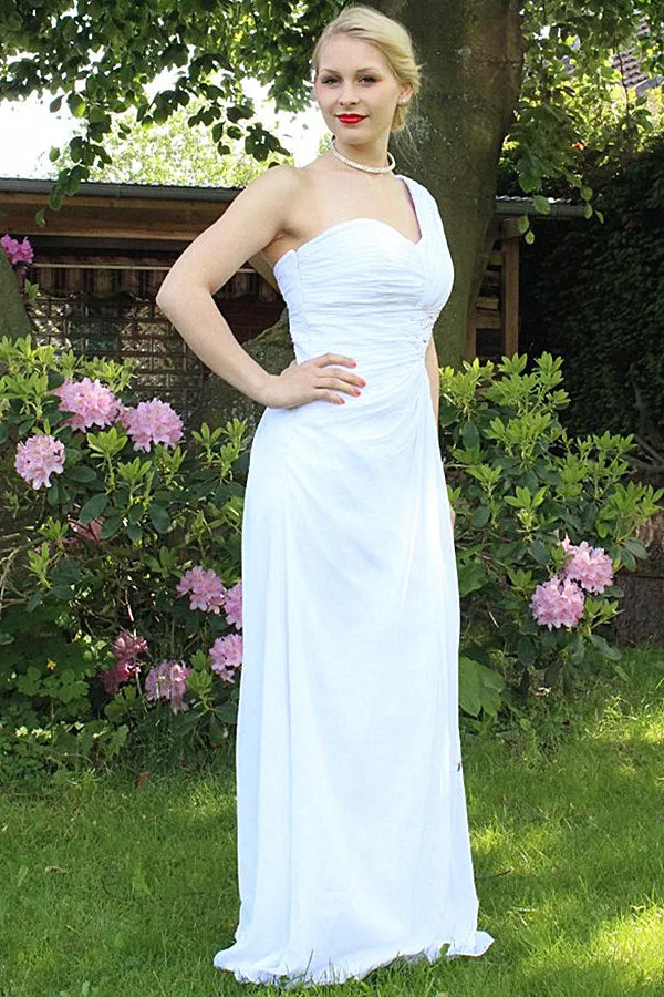 A-line One-shoulder Floor Length Chiffon Front Slit Rhinestone Prom Dress
