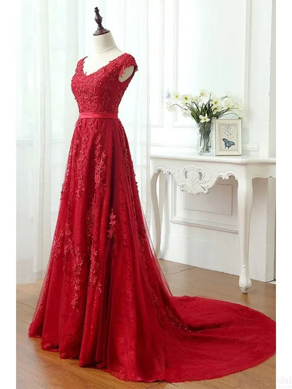 A Line Red V-Neck Long Lace Prom Dresses with Cap Sleeves