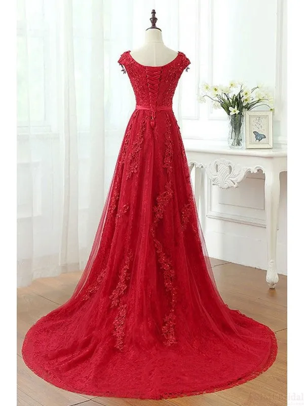 A Line Red V-Neck Long Lace Prom Dresses with Cap Sleeves