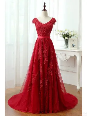 A Line Red V-Neck Long Lace Prom Dresses with Cap Sleeves