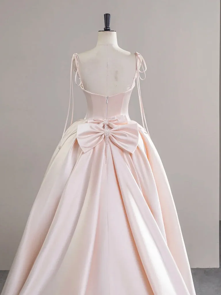 A-Line Satin Pink Champagne Long Prom Dress, Pink Champagne Long Formal Dress