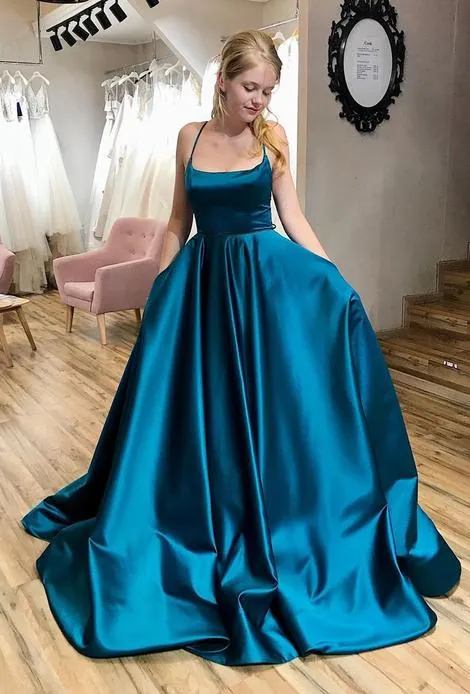 A-Line Satin Spaghetti Straps Pageant Dance Dresses Long Prom Dresses