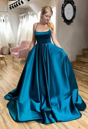 A-Line Satin Spaghetti Straps Pageant Dance Dresses Long Prom Dresses