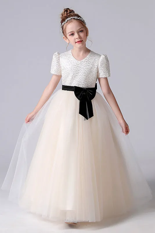 A- Line Short Sleeve Tulle Beading Flower Girl Dresses With Bow