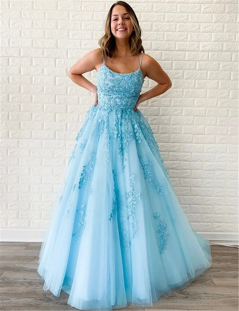 A Line Spaghetti Straps Red Lace Long Prom Dresses