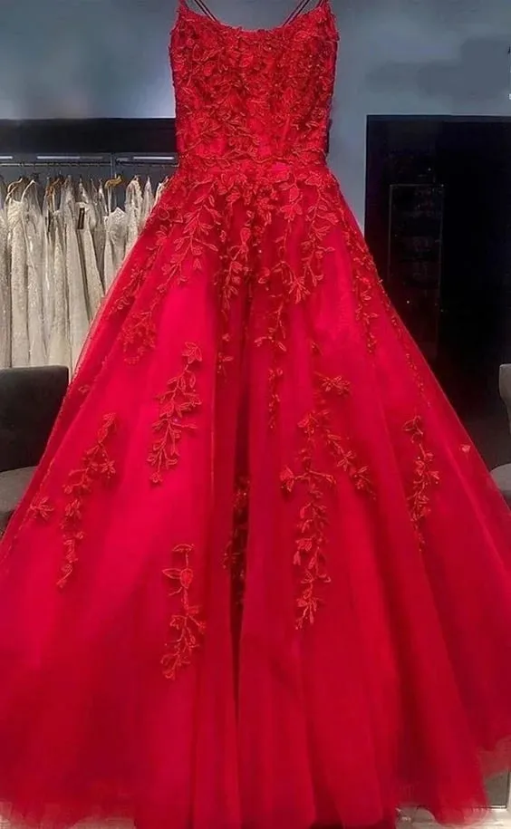 A Line Spaghetti Straps Red Lace Long Prom Dresses