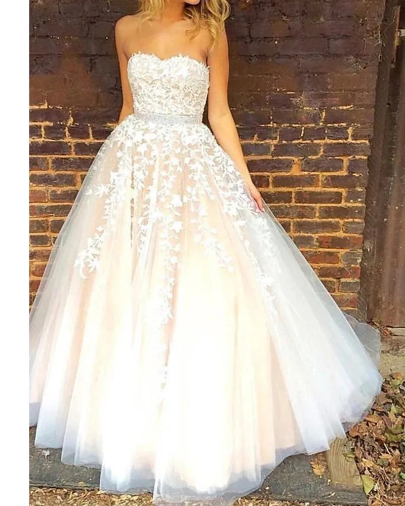 A Line Strapless Beaded Lace Prom Dresses Zipper