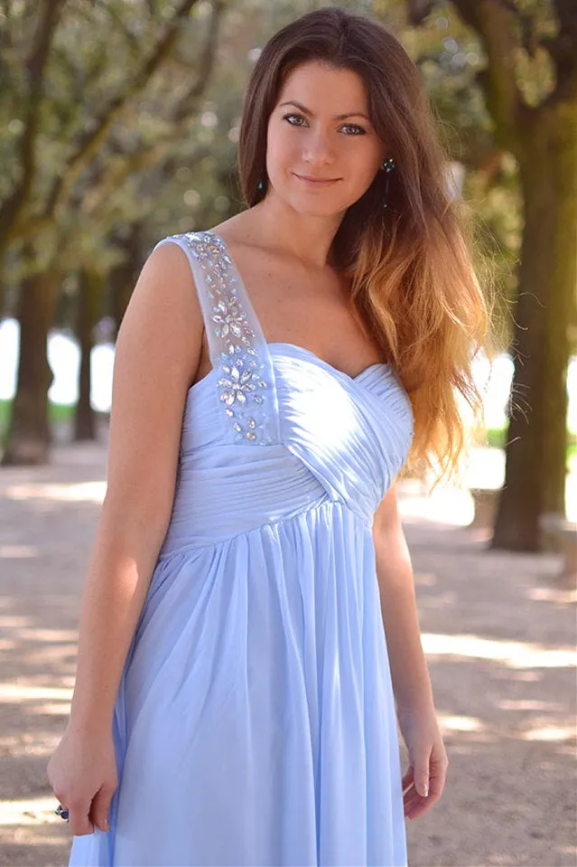 A-line Sweetheart Wide Strap Floor Length Chiffon Rhinestone Prom Dress