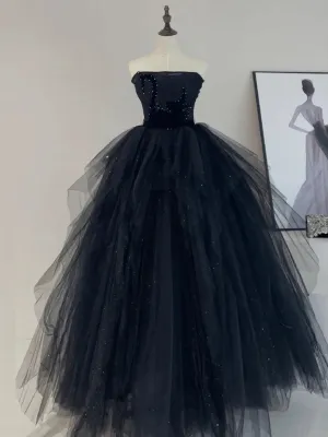 A-Line Tulle Black Long Prom Dress, Black Formal Evening Dress