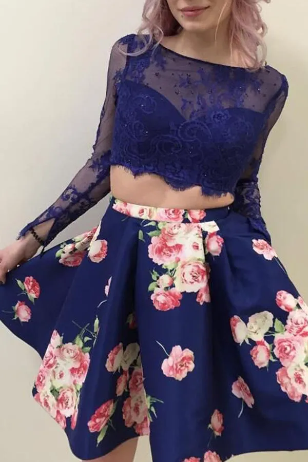 A-Line Two Piece Scoop Long Sleeves Floral Lace Homecoming Dresses with Pockets,MH482