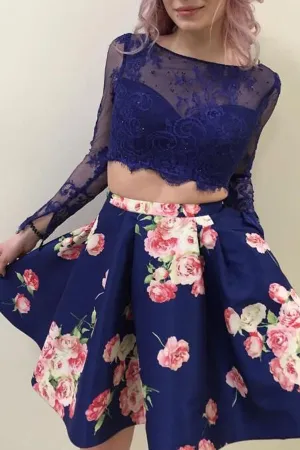 A-Line Two Piece Scoop Long Sleeves Floral Lace Homecoming Dresses with Pockets,MH482
