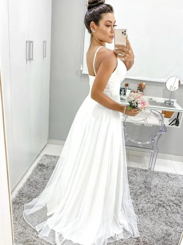 A Line V Neck Spaghetti Straps Backless White Prom, Backless White Formal Graduation Evening