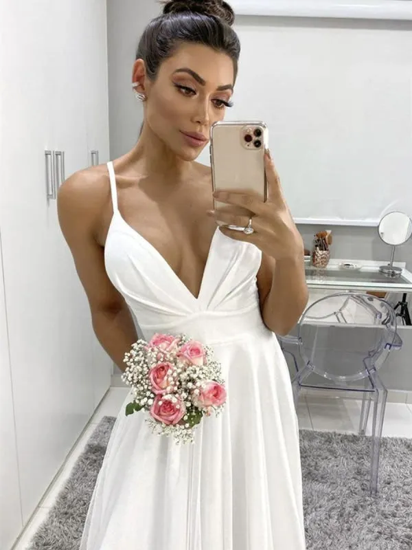 A Line V Neck Spaghetti Straps Backless White Prom, Backless White Formal Graduation Evening