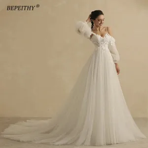 A Line Wedding Dress For Women Bride Detachable Full Sleeves Elegant