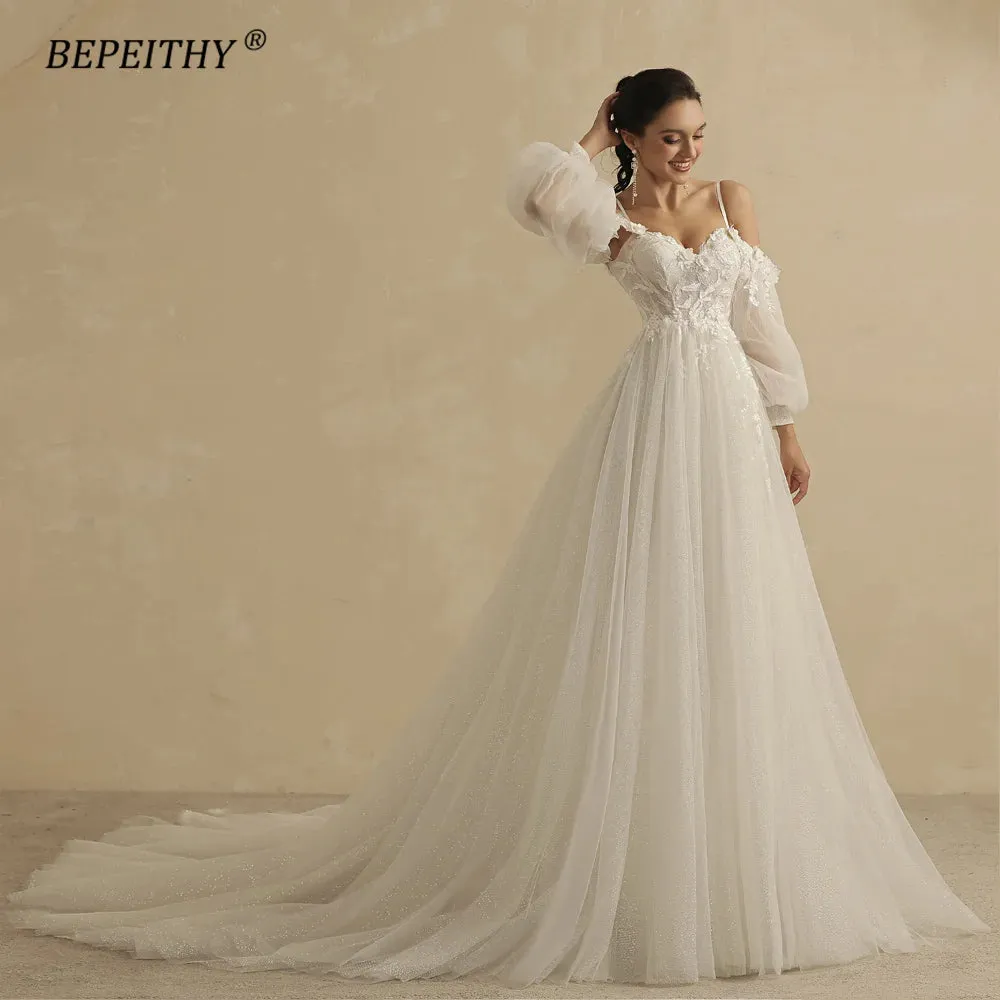 A Line Wedding Dress For Women Bride Detachable Full Sleeves Elegant