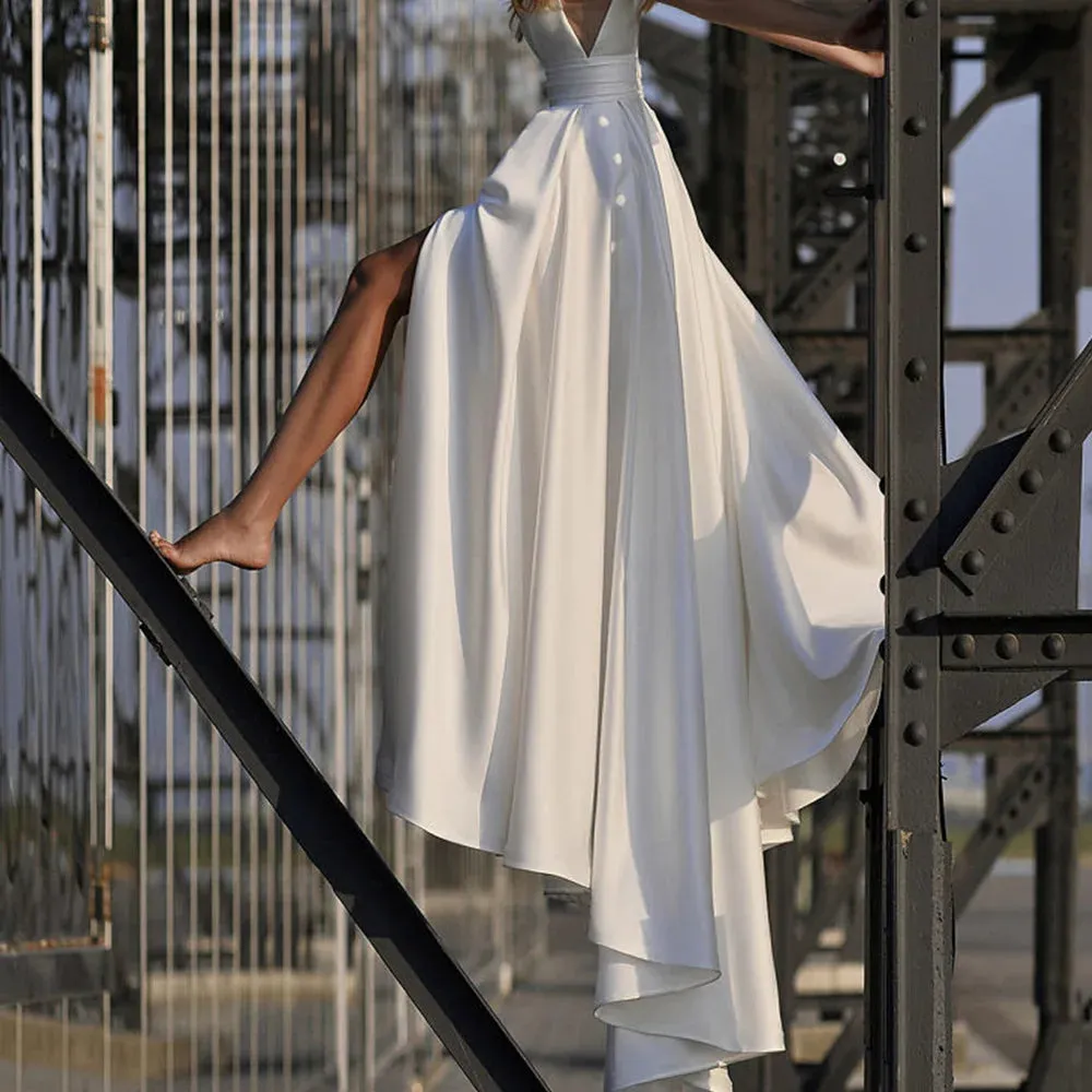 A-Line Wedding Dress Satin Side Slit Floor Length