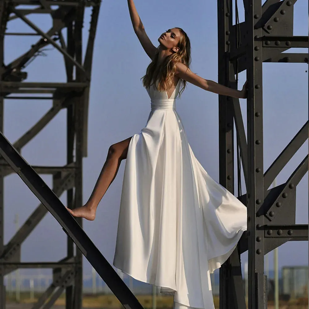 A-Line Wedding Dress Satin Side Slit Floor Length