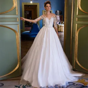 A-Line Wedding Dresses O Neck Three Quarter Sleeve