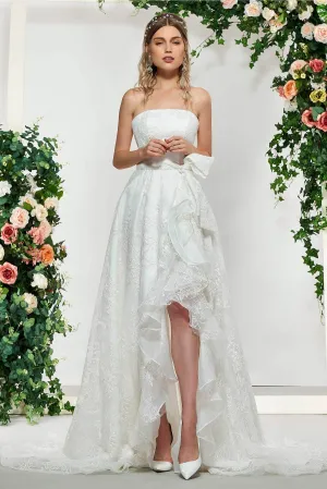 Adorable Sleeveless High-Low Lace Bridal Gown With Sash And Bow-715815