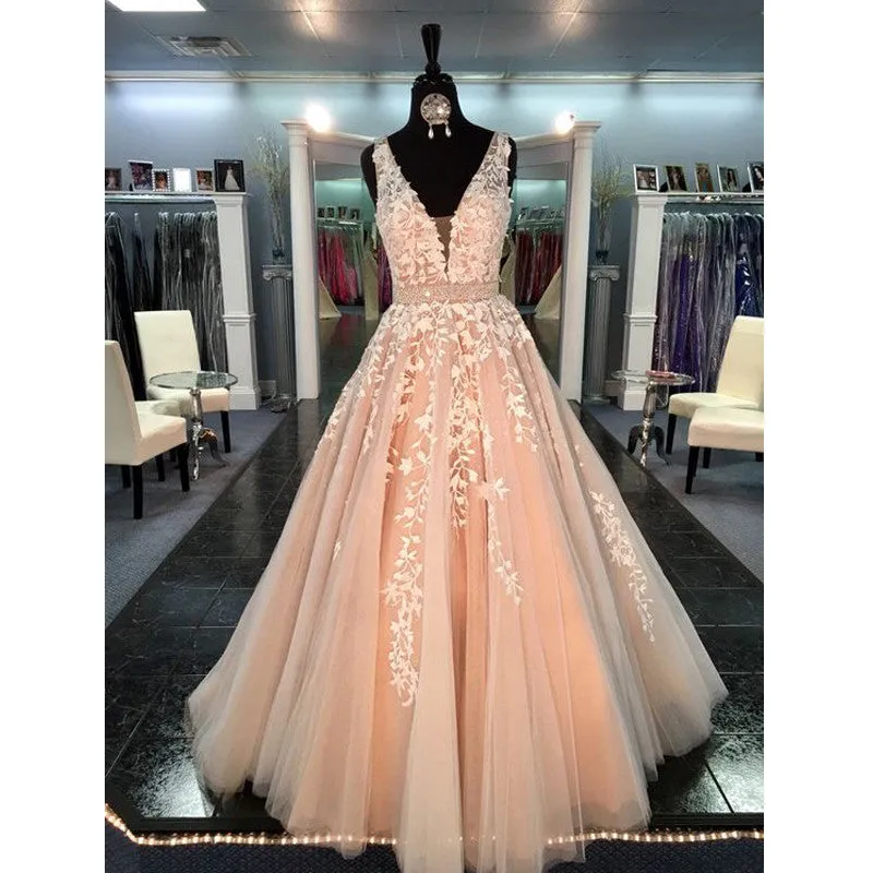 Affordable Peach V Neck Applique Long Cheap Prom Dress, BG51486