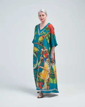 aloe silk kaftan parrots